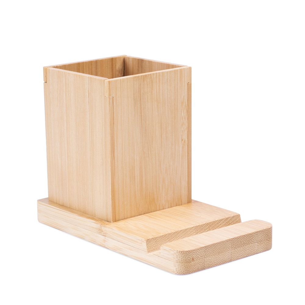 CONJUNTO DE SECRETÁRIA COM SUPORTE PARA CELULAR E COPO, EM BAMBU