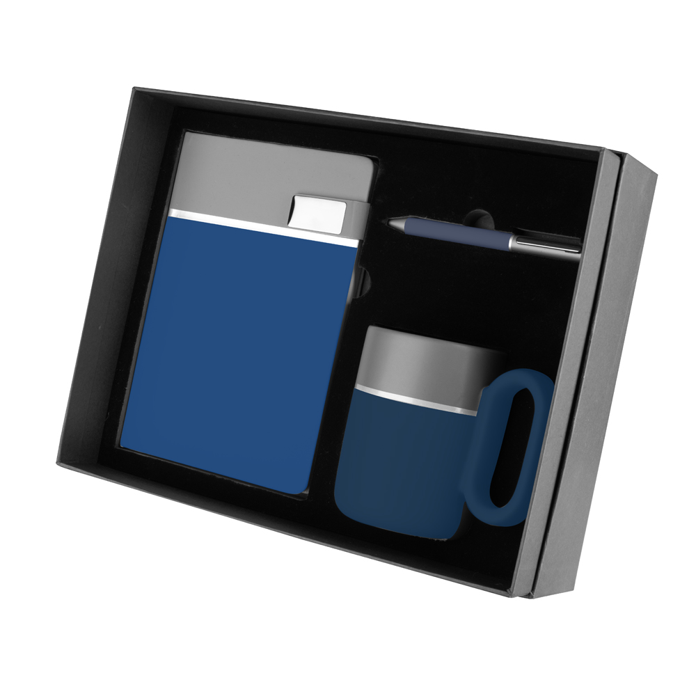KIT ESCRITÓRIO CADERNO, CANECA E CANETA METALICA - AZUL