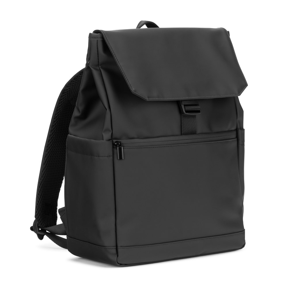 MOCHILA PARA NOTEBOOK (16") EM PU, COM PALA QUE COBRE TODOS OS COMPARTIMENTOS