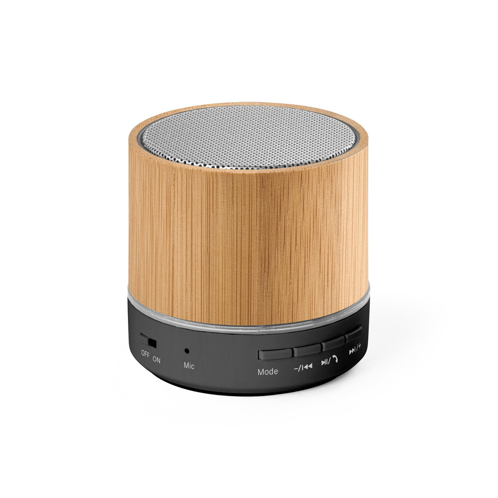CAIXA DE SOM PORTÁTIL COM MICROFONE E AUTONOMIA DE 4H30 (400 MAH), EM BAMBU E ABS 100% RECICLADO