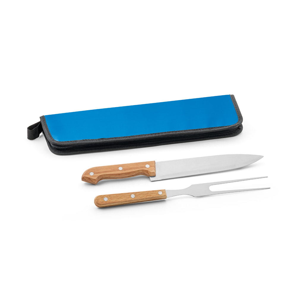 KIT CHURRASCO EM ESTOJO DE 210D COM 2 UTENSÍLIOS EM AÇO INOX E MADEIRA SERINGUEIRA