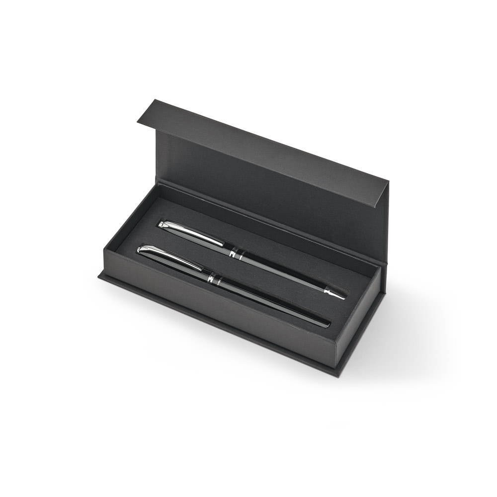 SET PREMIUM COMPOSTO POR 1 CANETA ESFEROGRÁFICA E 1 CANETA ROLLER EM COBRE E AÇO INOX, COM ESCRITA EM AZUL